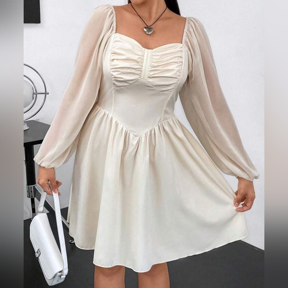 SHEIN Dresses & Skirts - Shein XS Ivory peasant boho on/off shoulder mini dress (fits like 2-4)